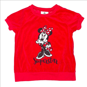 🌟 DISNEY Minnie Mouse SUPERSTAR Red Short Sleeve Velour Top Girls Size 6